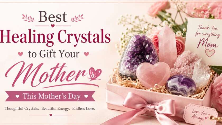 Mother’s Day healing crystals gift with Rose Quartz, Amethyst, Moonstone, and flowers by The Angel Crystal Healing
