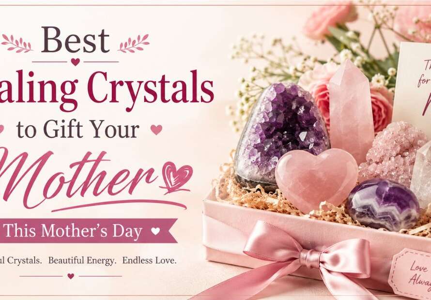 Mother’s Day healing crystals gift with Rose Quartz, Amethyst, Moonstone, and flowers by The Angel Crystal Healing