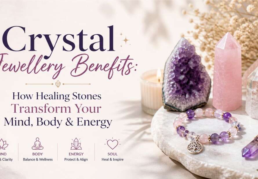 Crystal jewellery blog banner featuring healing stones like amethyst, rose quartz, and clear quartz with a bracelet and pendant, alongside the title “Crystal Jewellery Benefits: How Healing Stones Transform Your Mind, Body & Energy” in a soft, elegant pastel design.